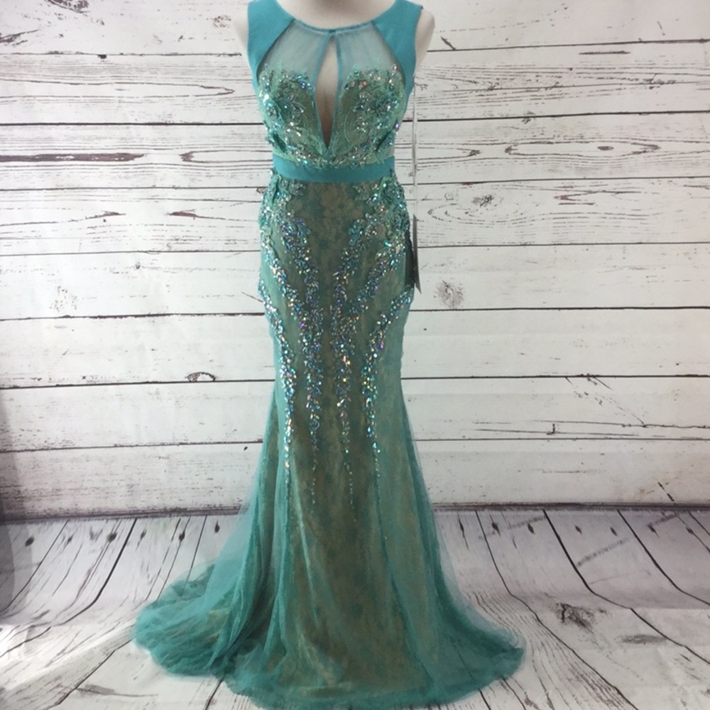 NWT Beaded Turquoise Illusion Prom Dress